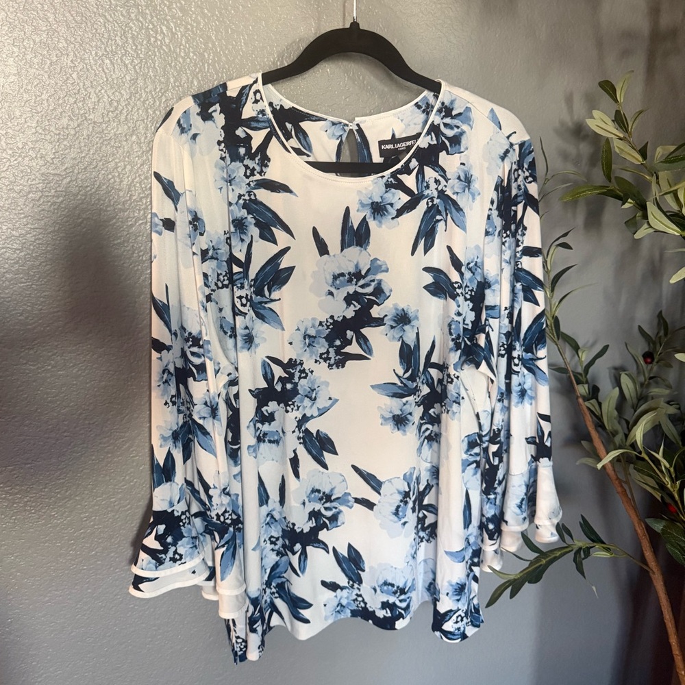 Karl Lagerfeld Blue and White Floral Blouse